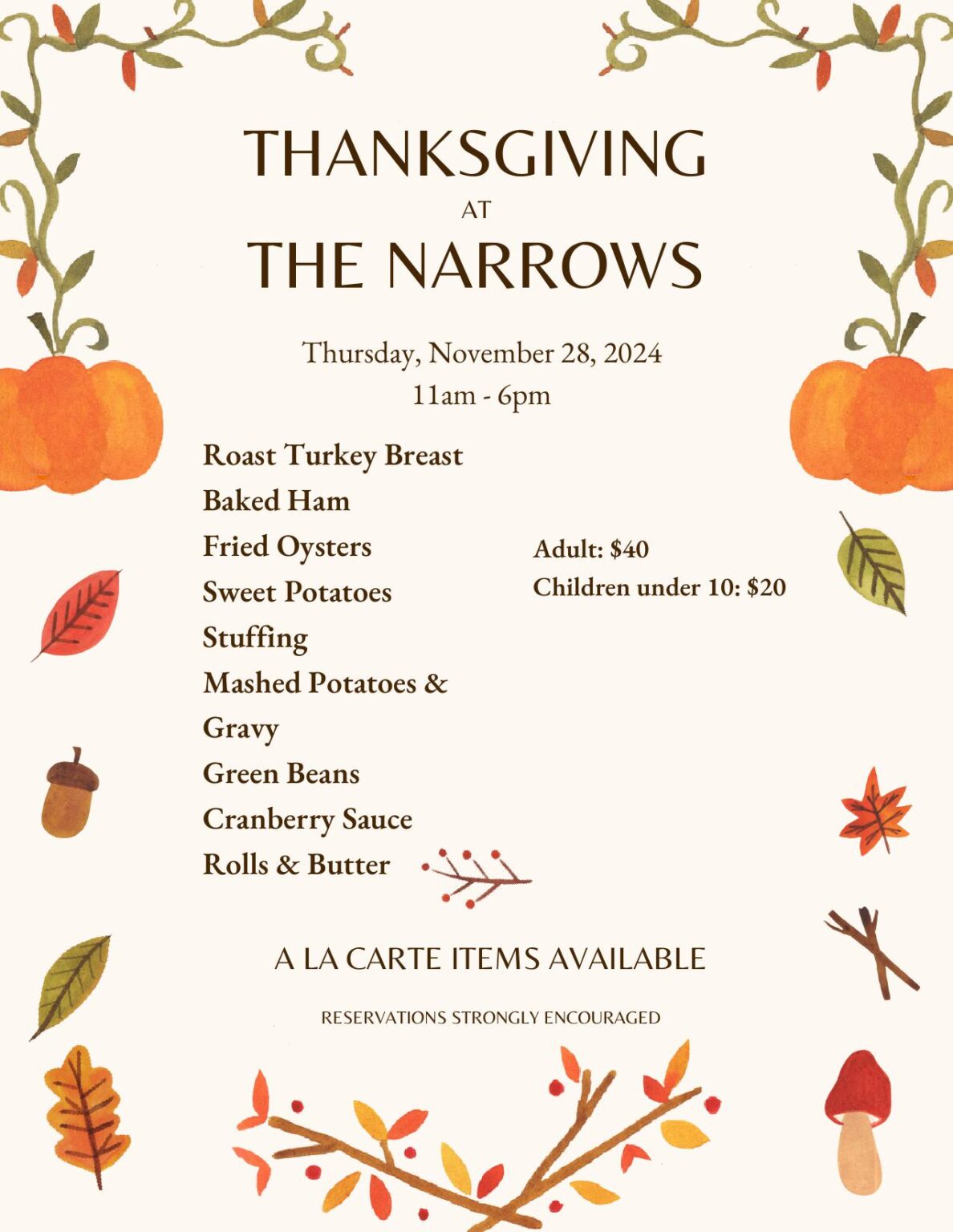 Thanksgiving Menu 2024 The Narrows Restaurant